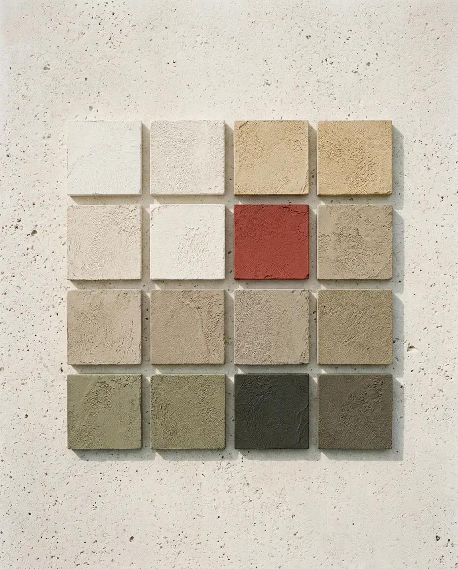 Grid of stucco finish samples in warm limestone, sand, taupe and olive tones