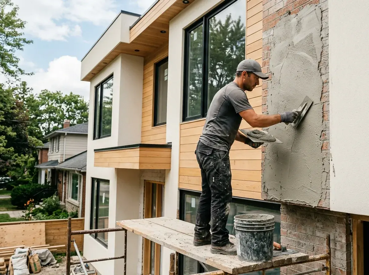 Contractor applying a cement base coat beside a finished stucco surface