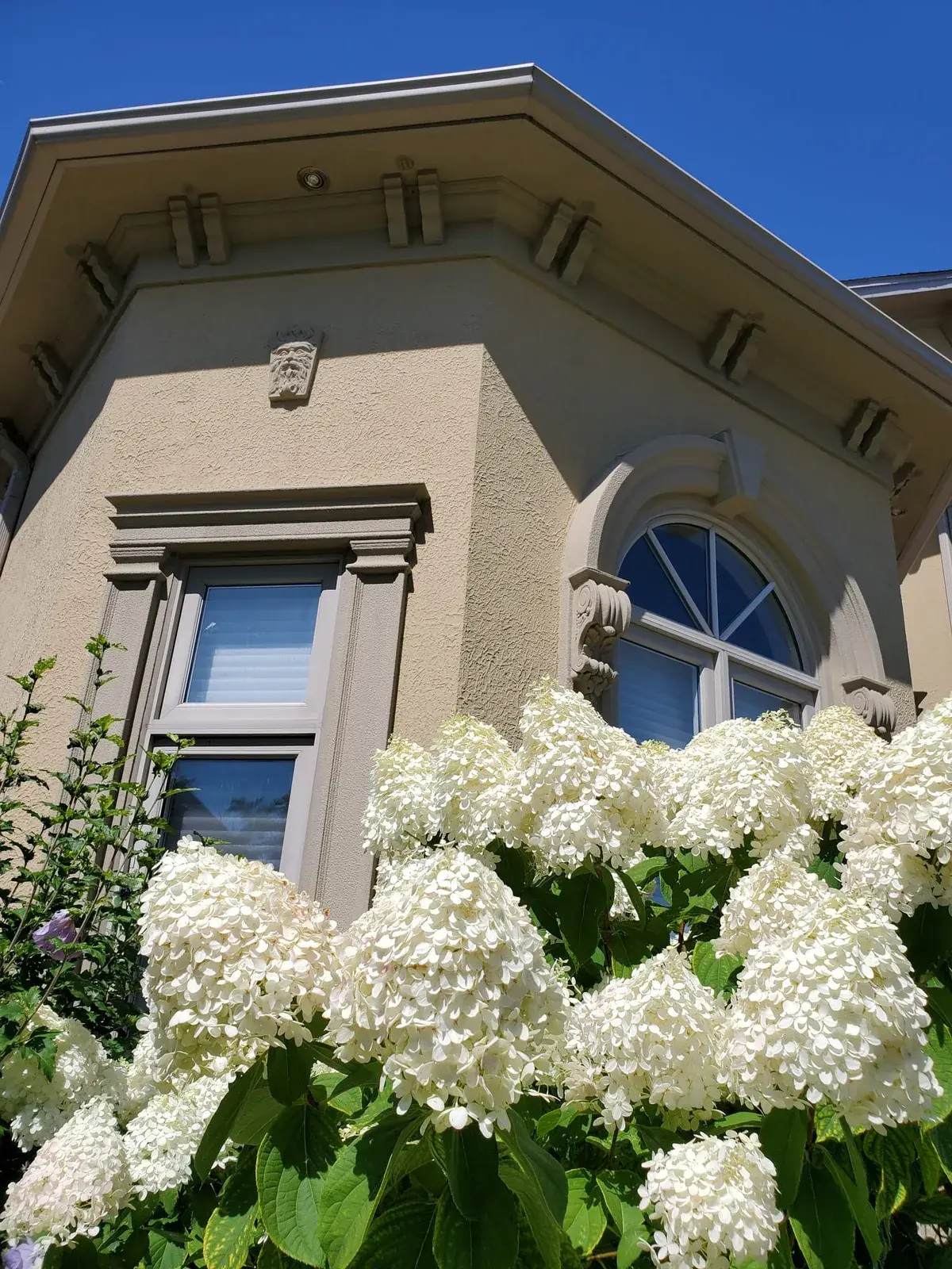 Stucco cornice and window moulding with a carved keystone